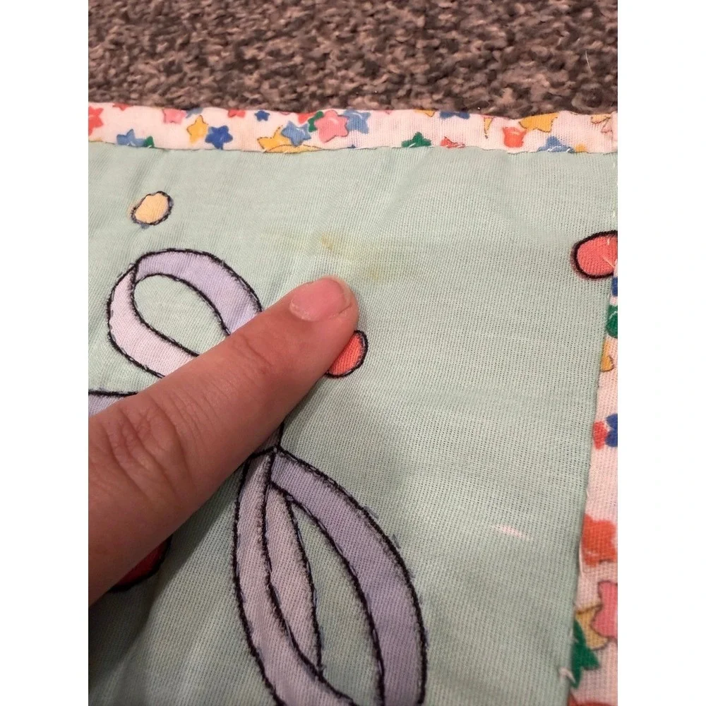 Vintage Sue Dreamer Teddy Bear Baby Quilt Blanket Mint Green Pastel 33x43
